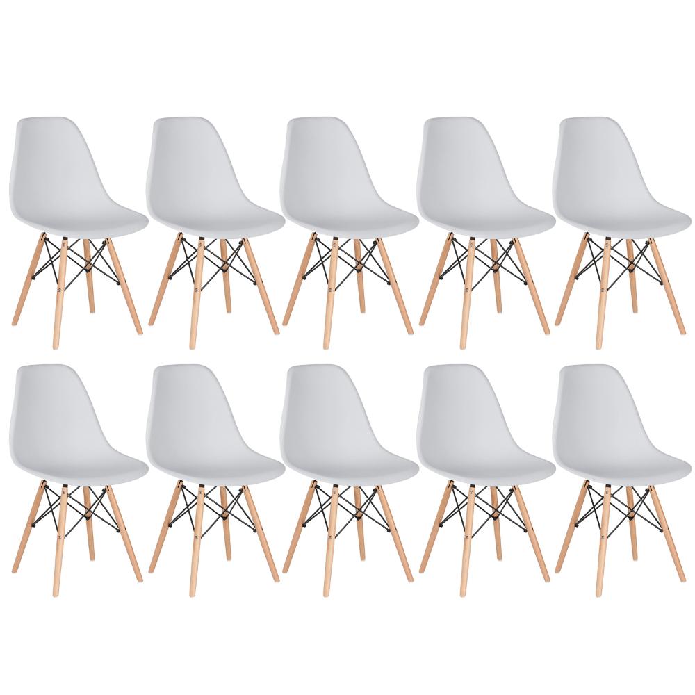 Kit 10 cadeiras Charles Eames Eiffel DSW com pés de madeira clara Cinza claro