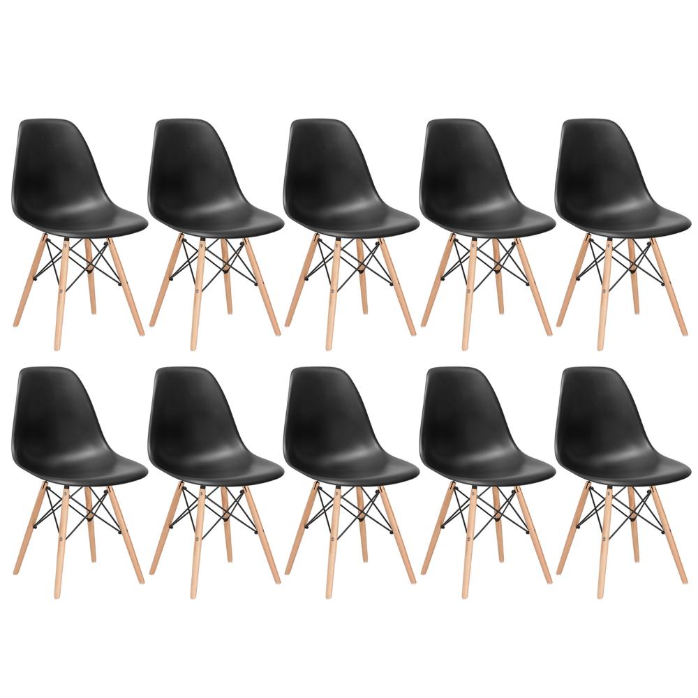 Kit 10 cadeiras Charles Eames Eiffel DSW com pés de madeira clara Preto
