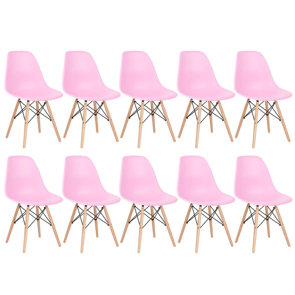 Kit 10 cadeiras Charles Eames Eiffel DSW com pés de madeira clara Rosa claro