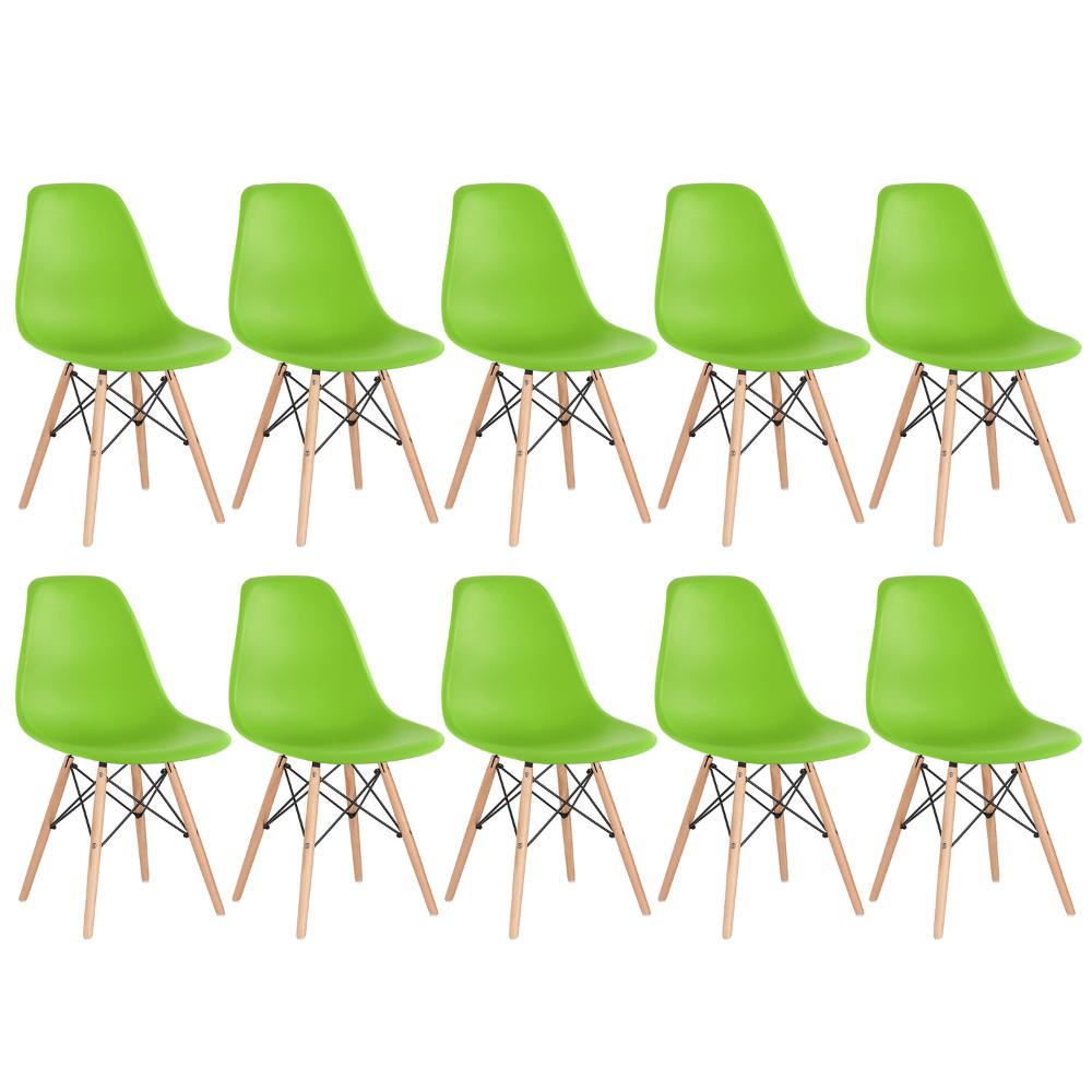 Kit 10 cadeiras Charles Eames Eiffel DSW com pés de madeira clara Verde claro