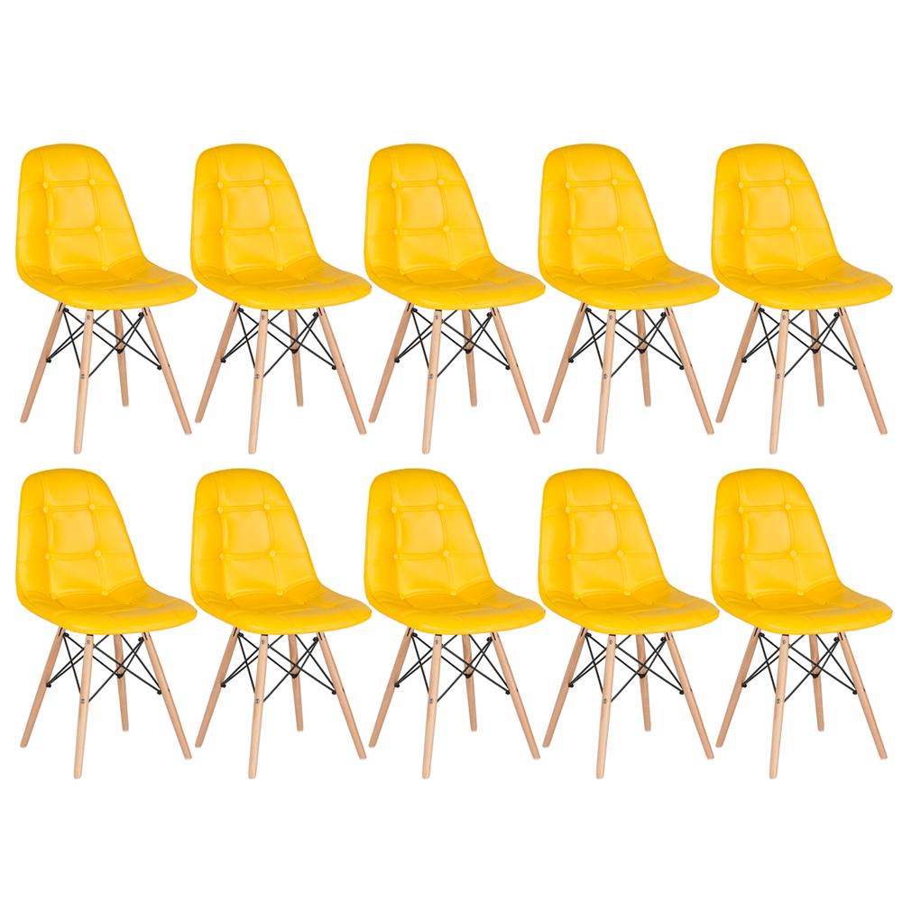 Kit 10 cadeiras estofadas Charles Eames Eiffel Botonê com pés de madeira clara Amarelo