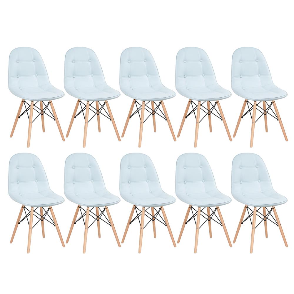 Kit 10 cadeiras estofadas Charles Eames Eiffel Botonê com pés de madeira clara Azul claro