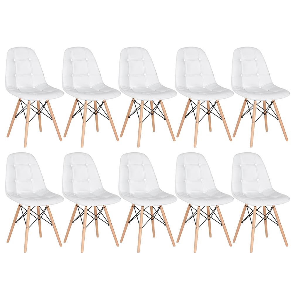 Kit 10 cadeiras estofadas Charles Eames Eiffel Botonê com pés de madeira clara Branco