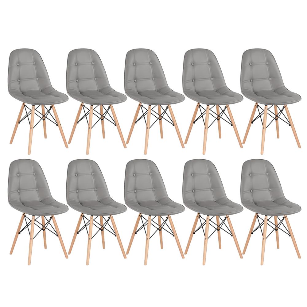 Kit 10 cadeiras estofadas Charles Eames Eiffel Botonê com pés de madeira clara Cinza