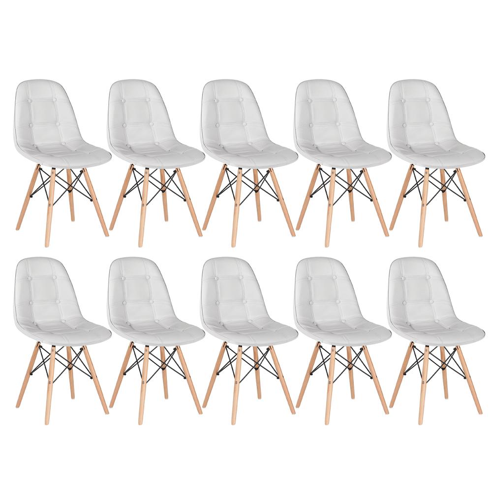 Kit 10 cadeiras estofadas Charles Eames Eiffel Botonê com pés de madeira clara Cinza-claro