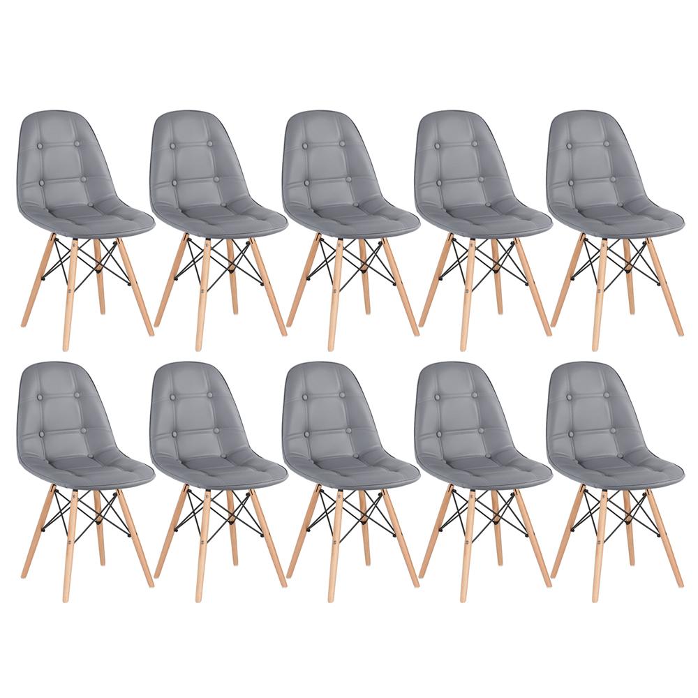Kit 10 cadeiras estofadas Charles Eames Eiffel Botonê com pés de madeira clara Cinza escuro