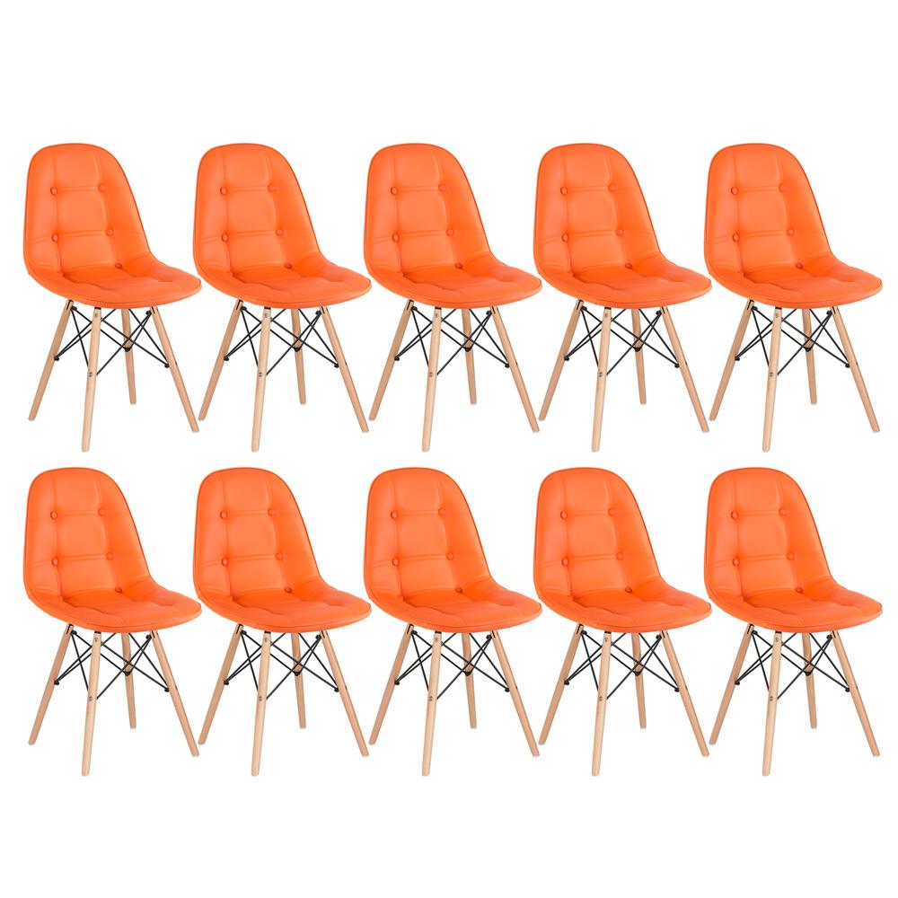 Kit 10 cadeiras estofadas Charles Eames Eiffel Botonê com pés de madeira clara Laranja