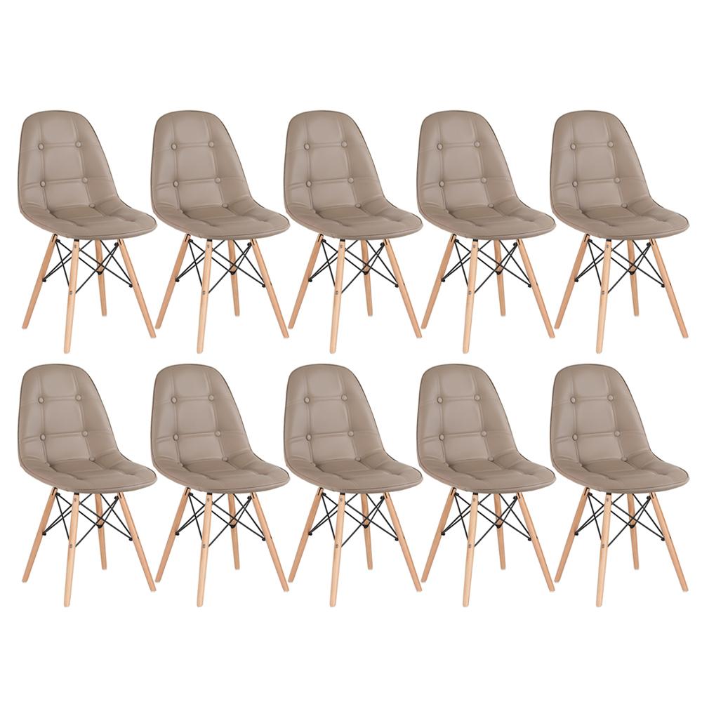 Kit 10 cadeiras estofadas Charles Eames Eiffel Botonê com pés de madeira clara Nude