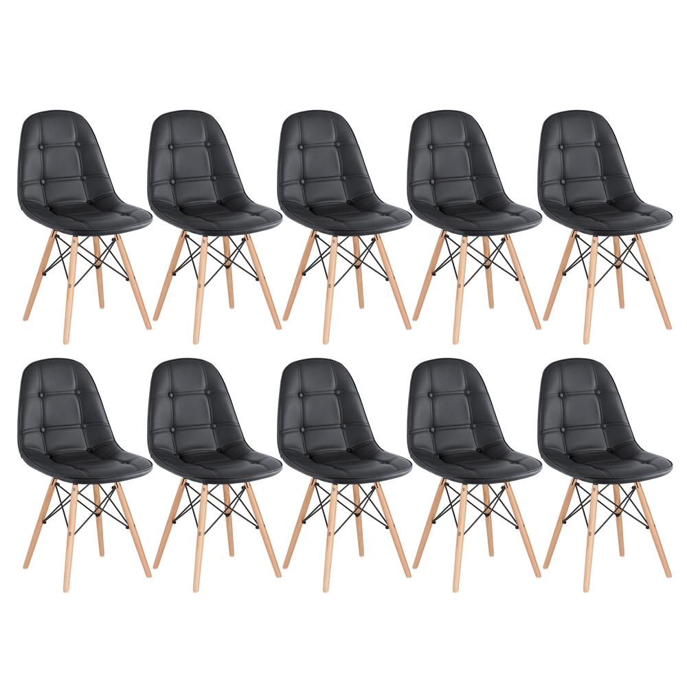 Kit 10 cadeiras estofadas Charles Eames Eiffel Botonê com pés de madeira clara Preto