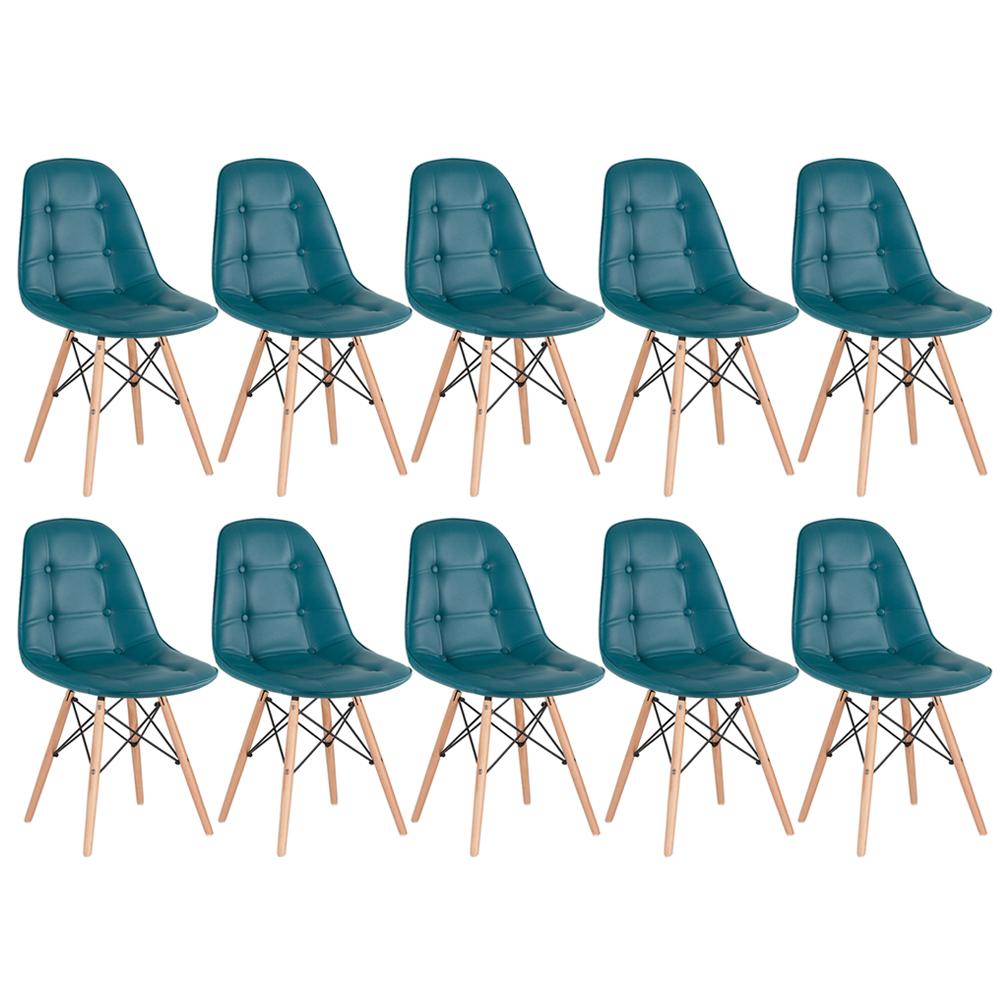 Kit 10 cadeiras estofadas Charles Eames Eiffel Botonê com pés de madeira clara Turquesa