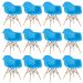 Kit 12 cadeiras Charles Eames Eiffel DAW com braços e pés de madeira clara Azul-céu