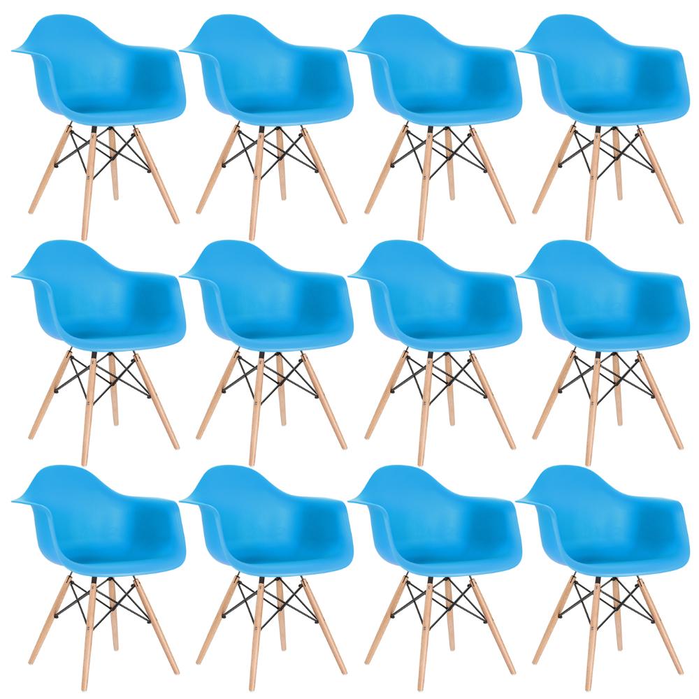 Kit 12 cadeiras Charles Eames Eiffel DAW com braços e pés de madeira clara Azul-céu