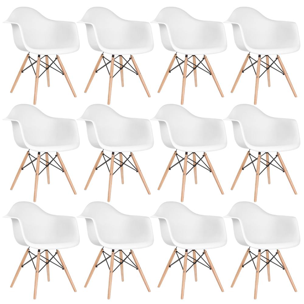 Kit 12 cadeiras Charles Eames Eiffel DAW com braços e pés de madeira clara Branco