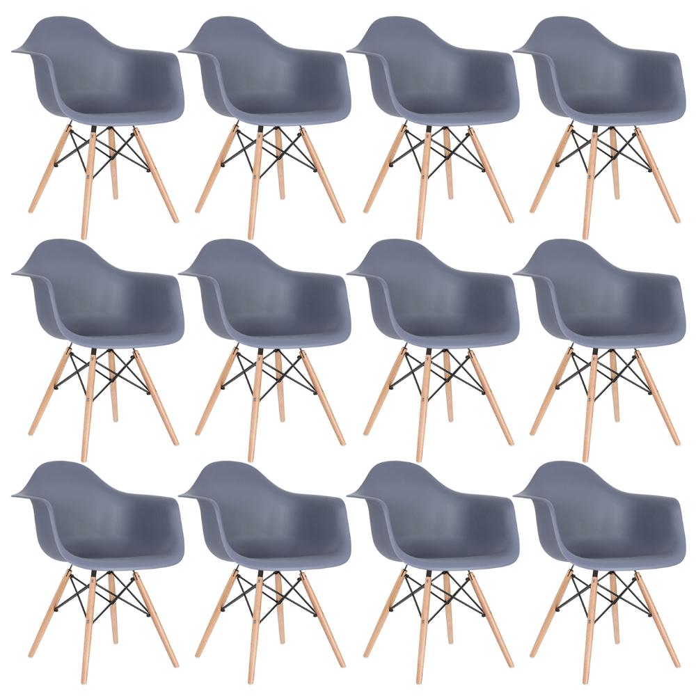 Kit 12 cadeiras Charles Eames Eiffel DAW com braços e pés de madeira clara Cinza-escuro