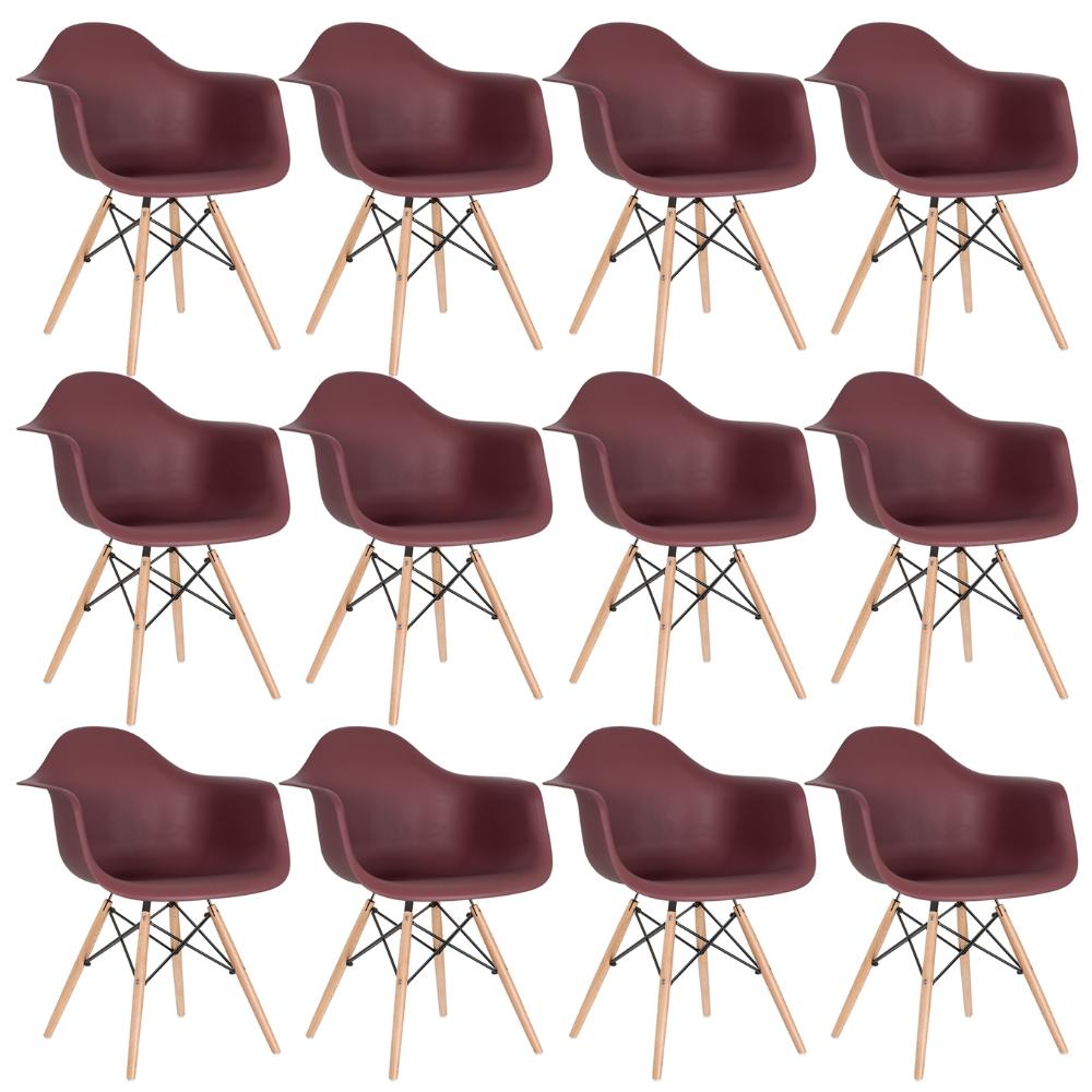 Kit 12 cadeiras Charles Eames Eiffel DAW com braços e pés de madeira clara Marrom