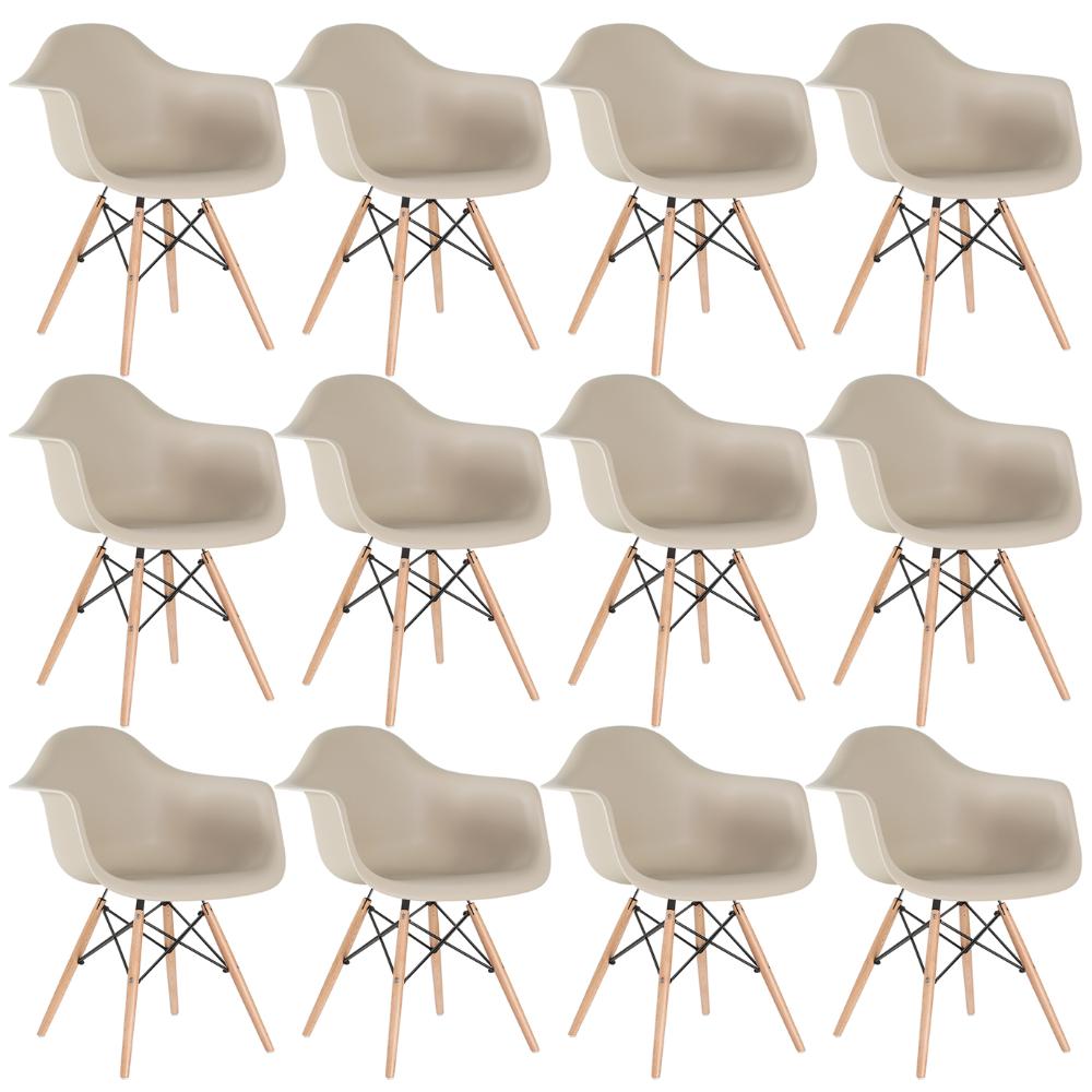 Kit 12 cadeiras Charles Eames Eiffel DAW com braços e pés de madeira clara Nude