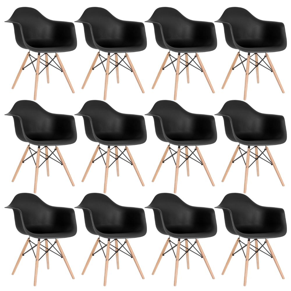 Kit 12 cadeiras Charles Eames Eiffel DAW com braços e pés de madeira clara Preto