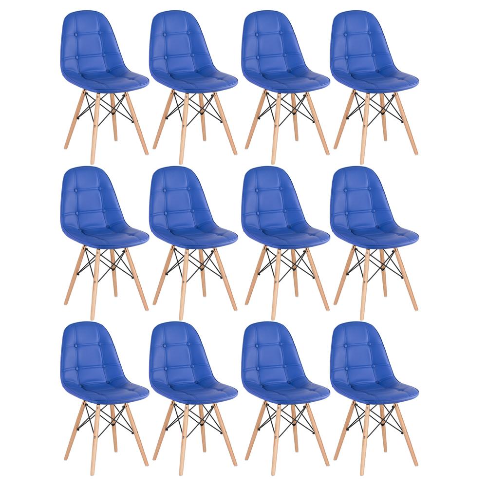 Kit 12 cadeiras estofadas Charles Eames Eiffel Botonê com pés de madeira clara Azul