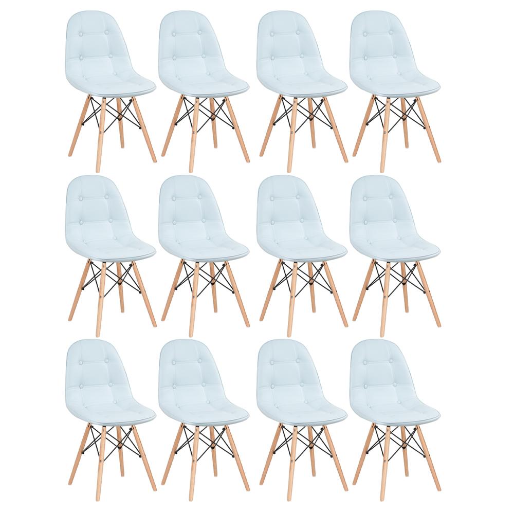Kit 12 cadeiras estofadas Charles Eames Eiffel Botonê com pés de madeira clara Azul claro