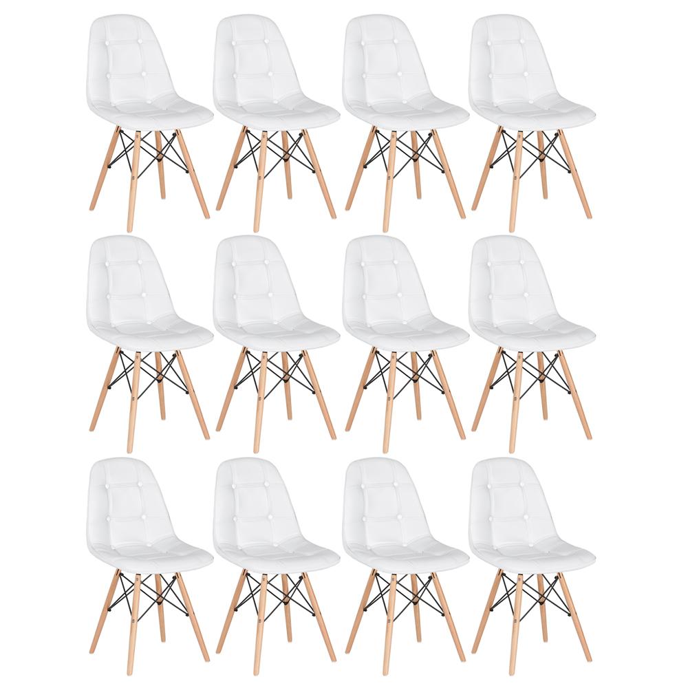 Kit 12 cadeiras estofadas Charles Eames Eiffel Botonê com pés de madeira clara Branco