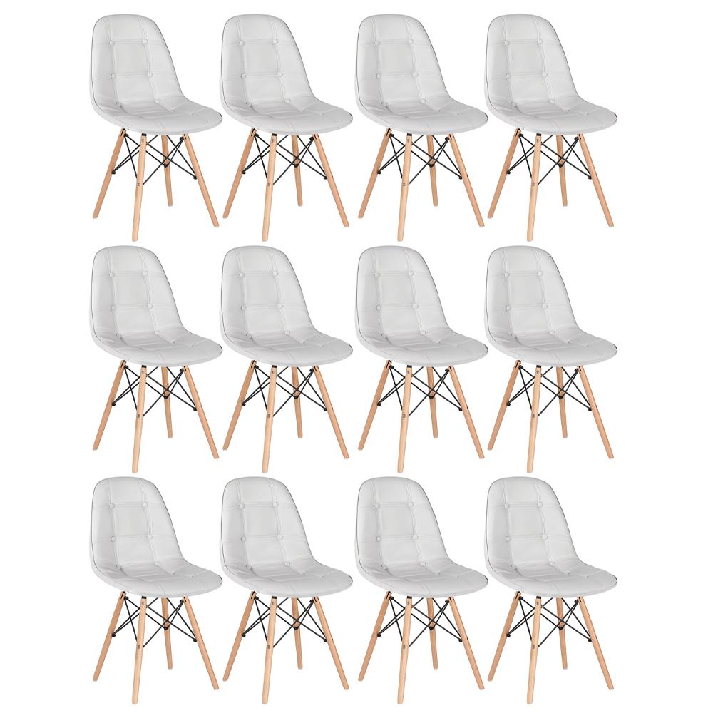 Kit 12 cadeiras estofadas Charles Eames Eiffel Botonê com pés de madeira clara Cinza-claro