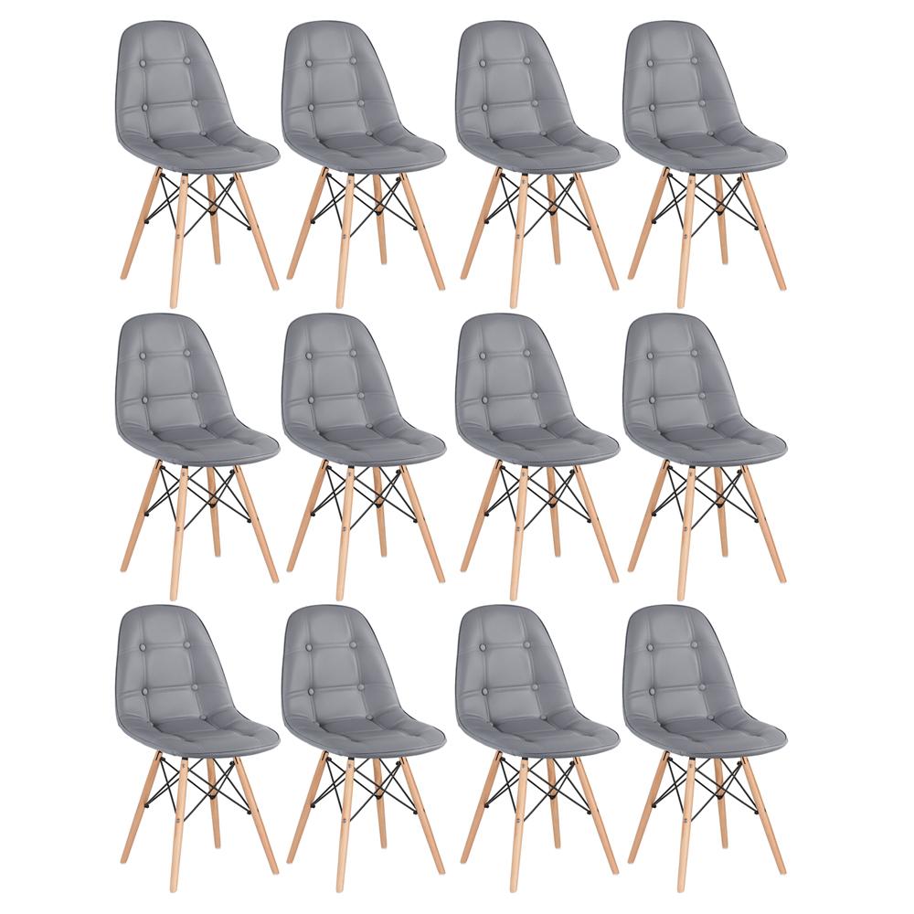 Kit 12 cadeiras estofadas Charles Eames Eiffel Botonê com pés de madeira clara Cinza escuro