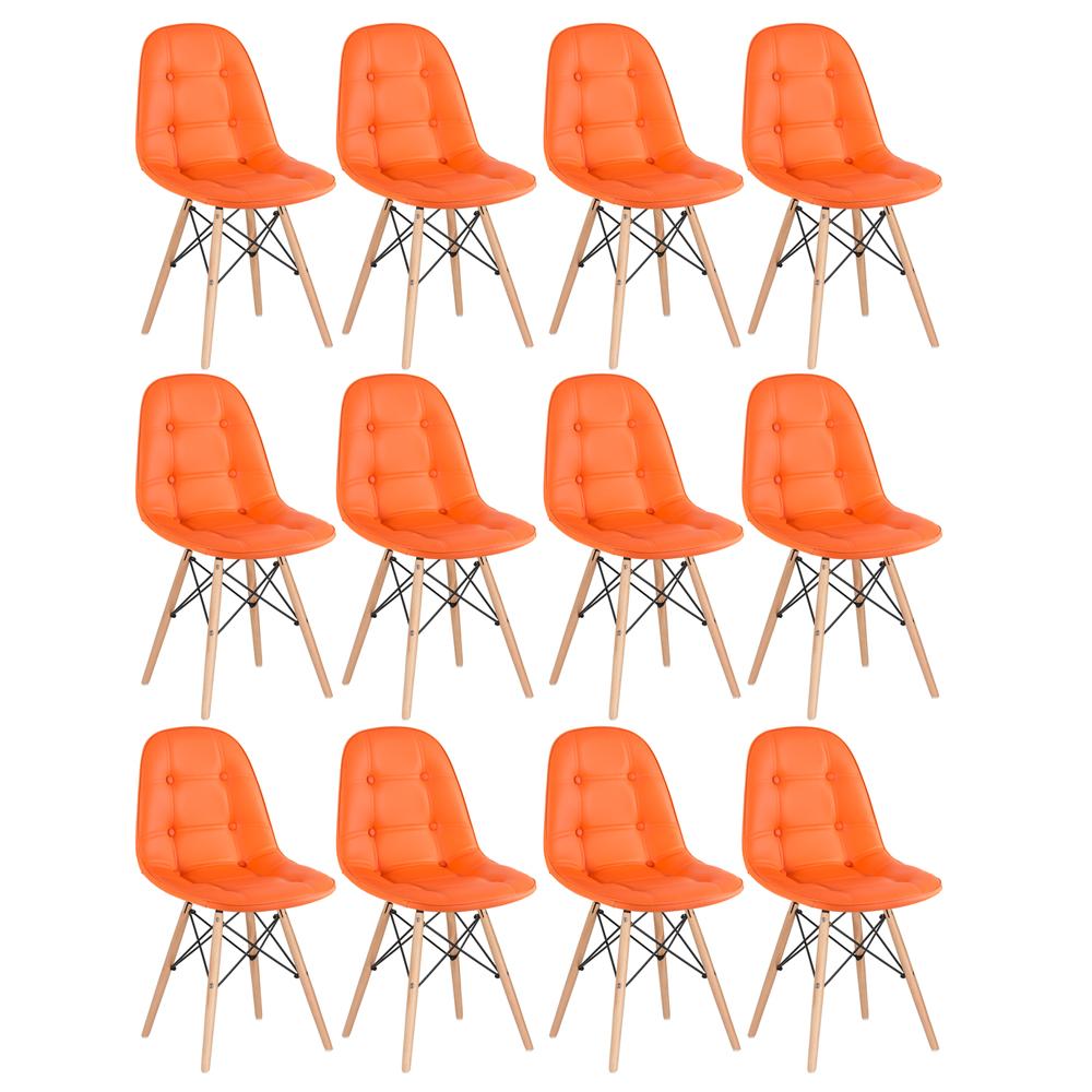 Kit 12 cadeiras estofadas Charles Eames Eiffel Botonê com pés de madeira clara Laranja