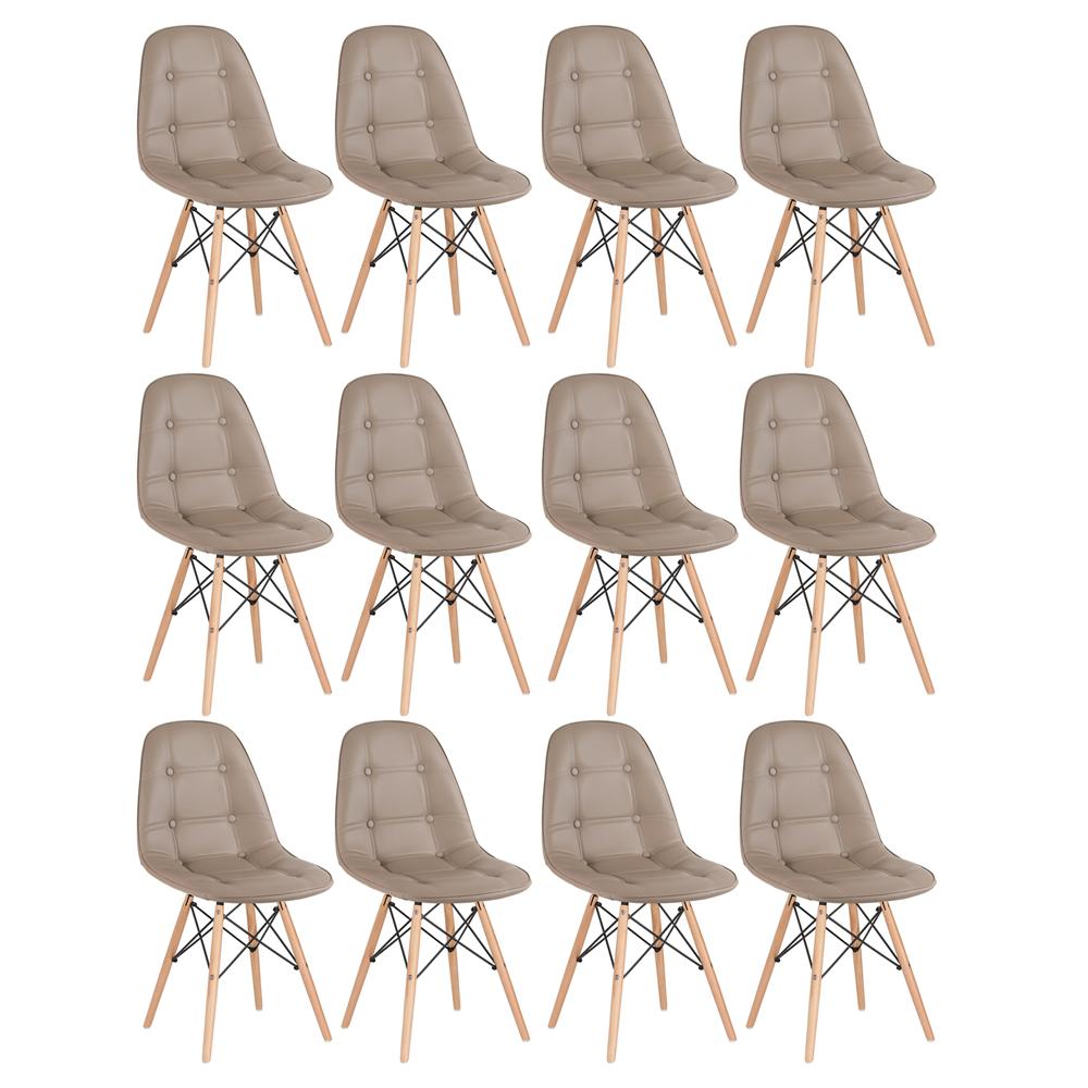 Kit 12 cadeiras estofadas Charles Eames Eiffel Botonê com pés de madeira clara Nude