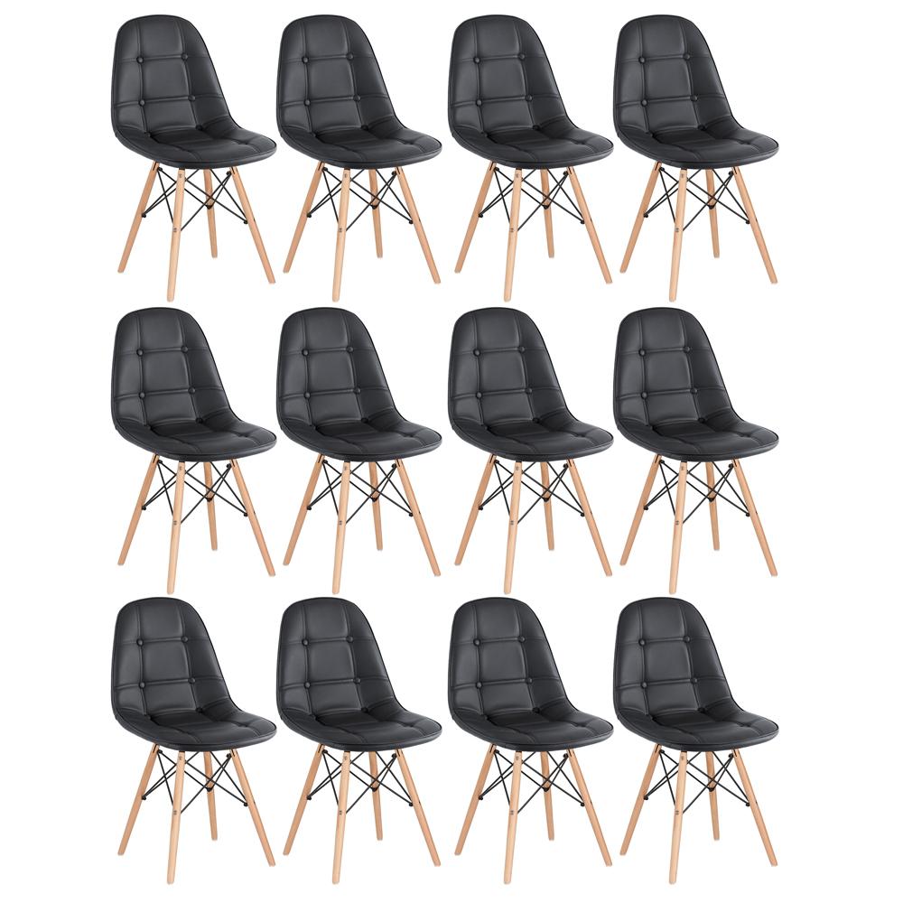 Kit 12 cadeiras estofadas Charles Eames Eiffel Botonê com pés de madeira clara Preto