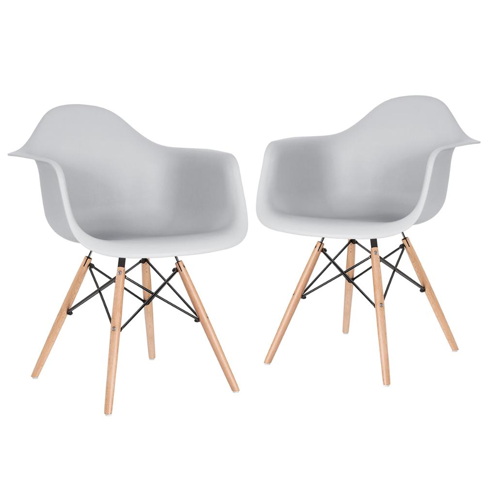 Kit 2 cadeiras Charles Eames Eiffel DAW com braços e pés de madeira clara Cinza-claro