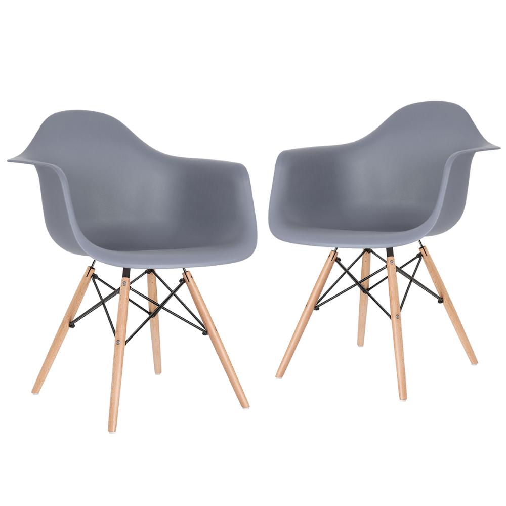 Kit 2 cadeiras Charles Eames Eiffel DAW com braços e pés de madeira clara Cinza-escuro