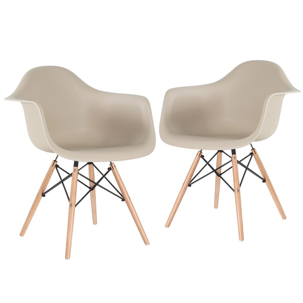 Kit 2 cadeiras Charles Eames Eiffel DAW com braços e pés de madeira clara Nude