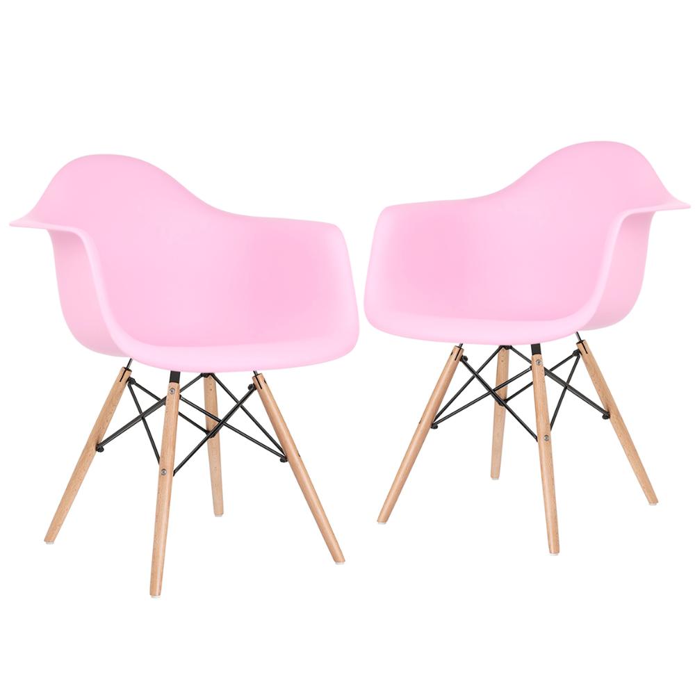 Kit 2 cadeiras Charles Eames Eiffel DAW com braços e pés de madeira clara Rosa