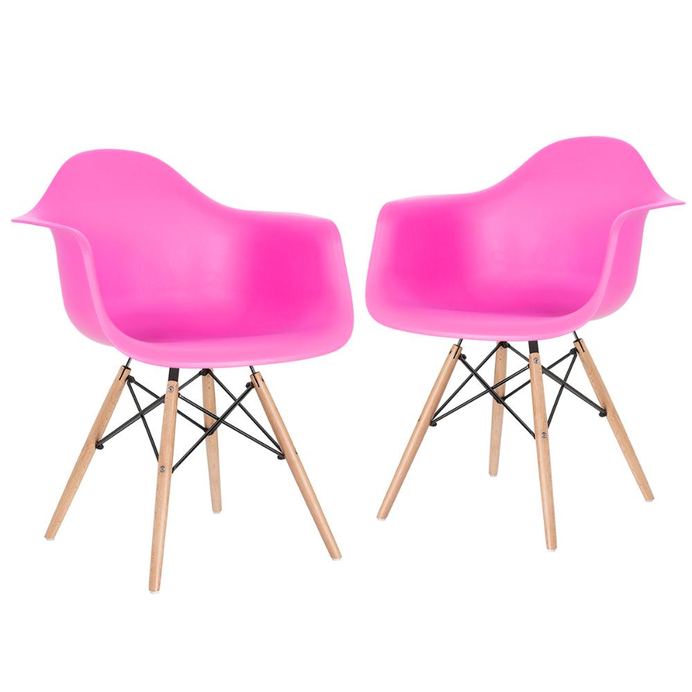 Kit 2 cadeiras Charles Eames Eiffel DAW com braços e pés de madeira clara Rosa-pink
