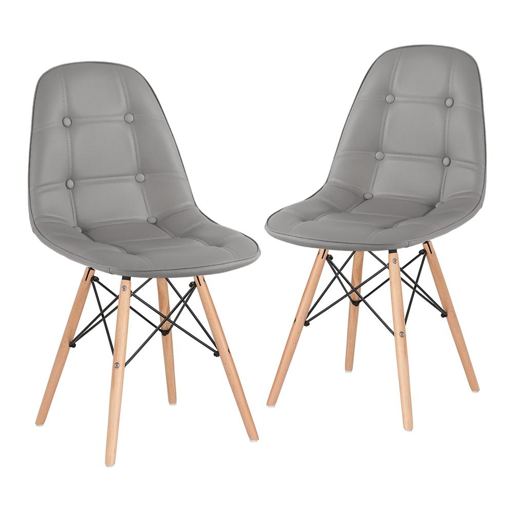 Kit 2 cadeiras estofadas Charles Eames Eiffel Botonê com pés de madeira clara Cinza