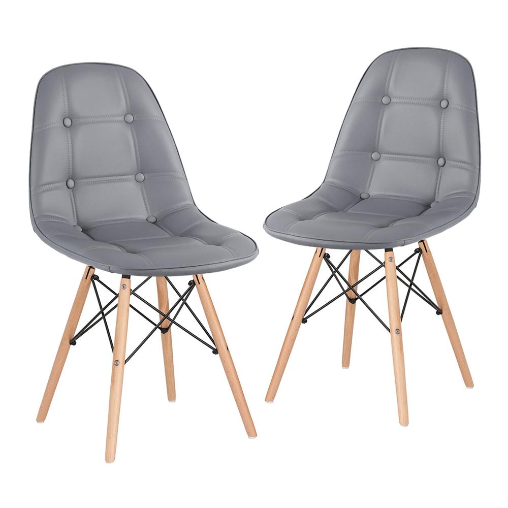 Kit 2 cadeiras estofadas Charles Eames Eiffel Botonê com pés de madeira clara Cinza escuro