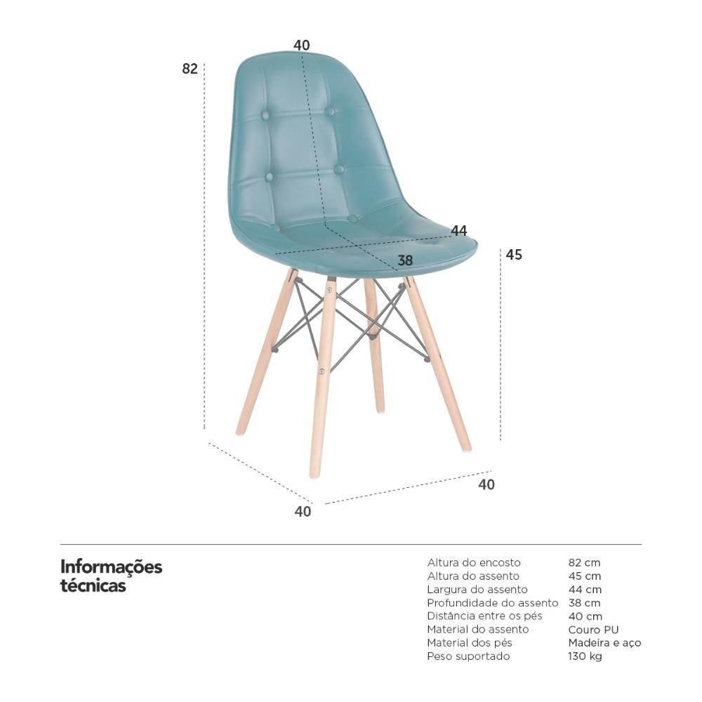 Kit 2 cadeiras estofadas Charles Eames Eiffel Botonê com pés de madeira clara Turquesa