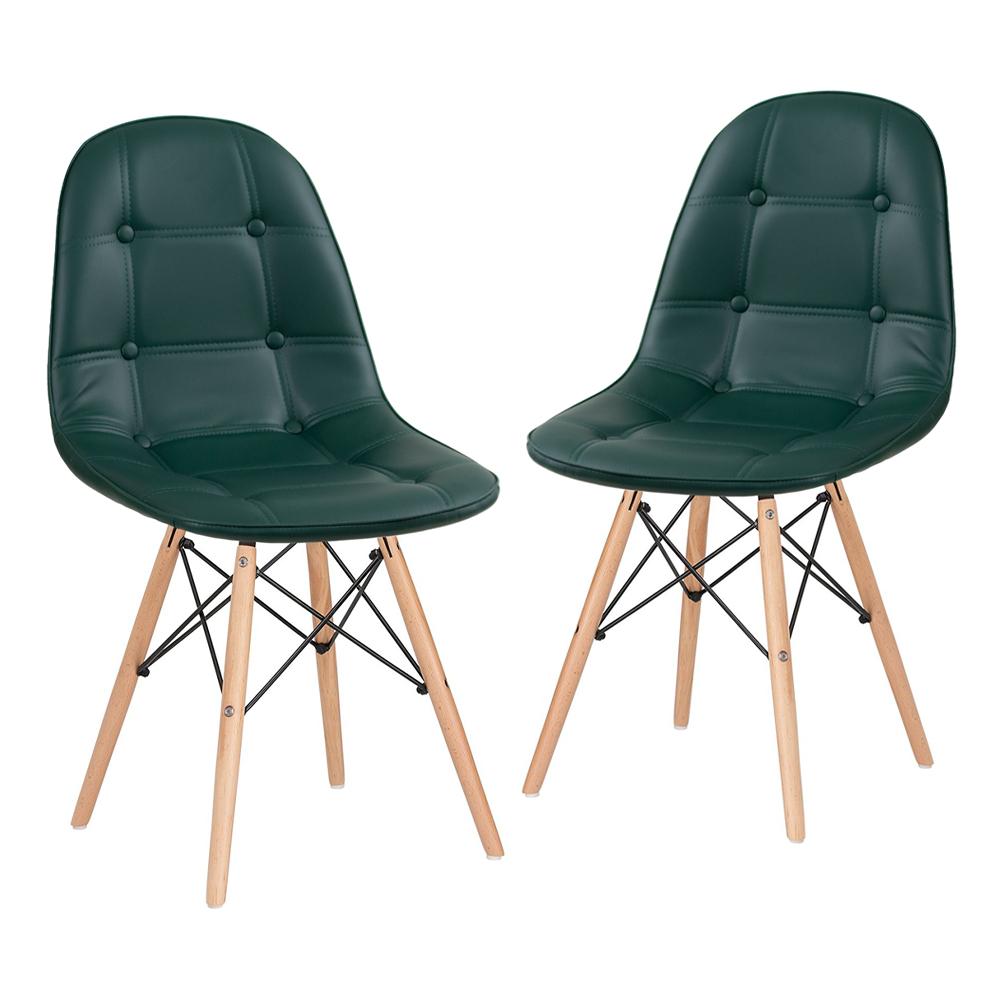 Kit 2 cadeiras estofadas Charles Eames Eiffel Botonê com pés de madeira clara Verde escuro