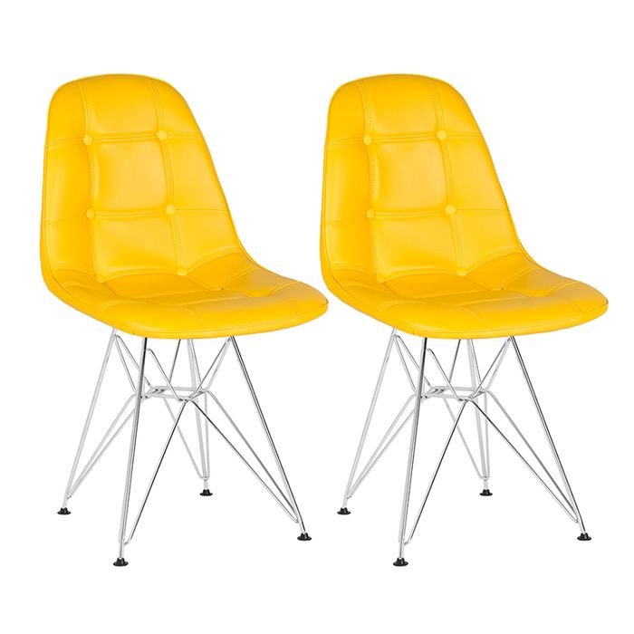 Kit 2 cadeiras estofadas Charles Eames Eiffel Botonê com pés de metal cromado Amarelo