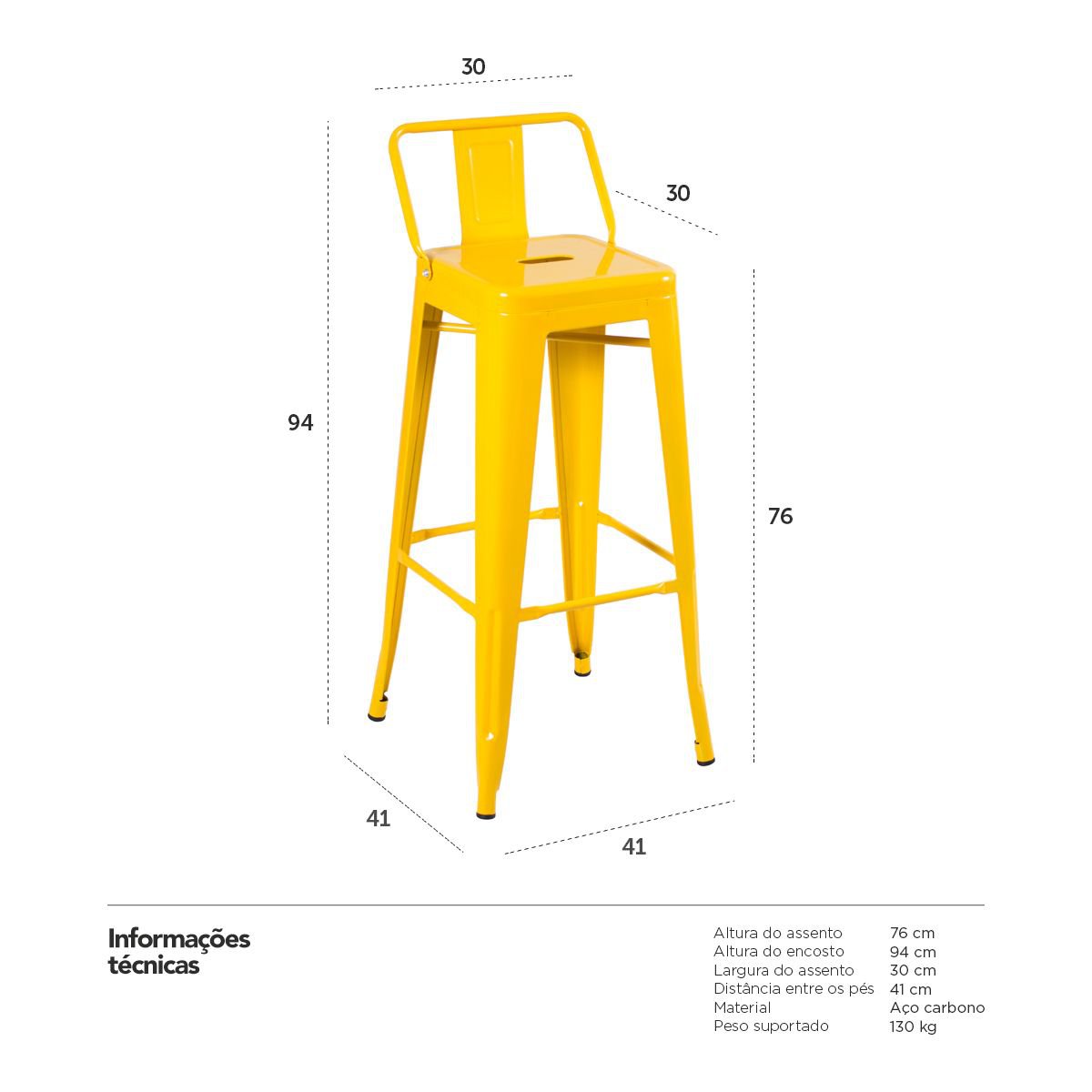Kit 3 banquetas altas Iron Tolix com encosto 76 cm Amarelo