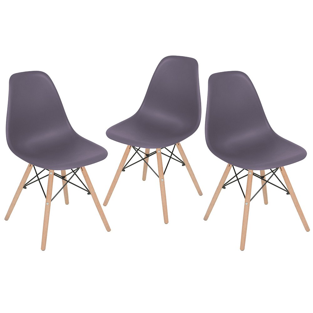 Kit 3 cadeiras Charles Eames Eiffel DSW com pés de madeira clara Cinza névoa