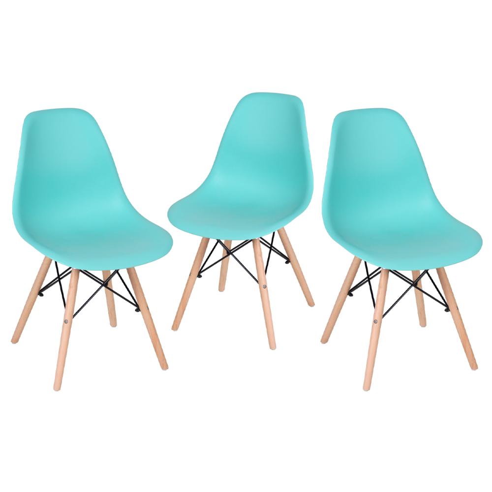 Kit 3 cadeiras Charles Eames Eiffel DSW com pés de madeira clara Verde Tiffany - Assento nacional