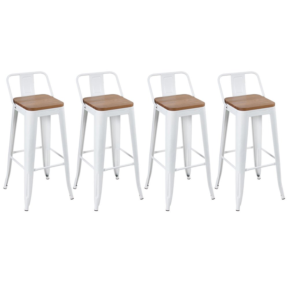 Kit 4 banquetas altas Iron Tolix com encosto e assento madeira 76 cm industrial bancada bar cozinha Branco
