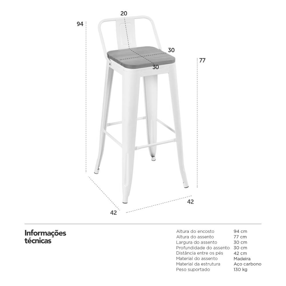 Kit 4 banquetas altas Iron Tolix com encosto e assento madeira 76 cm industrial bancada bar cozinha Branco