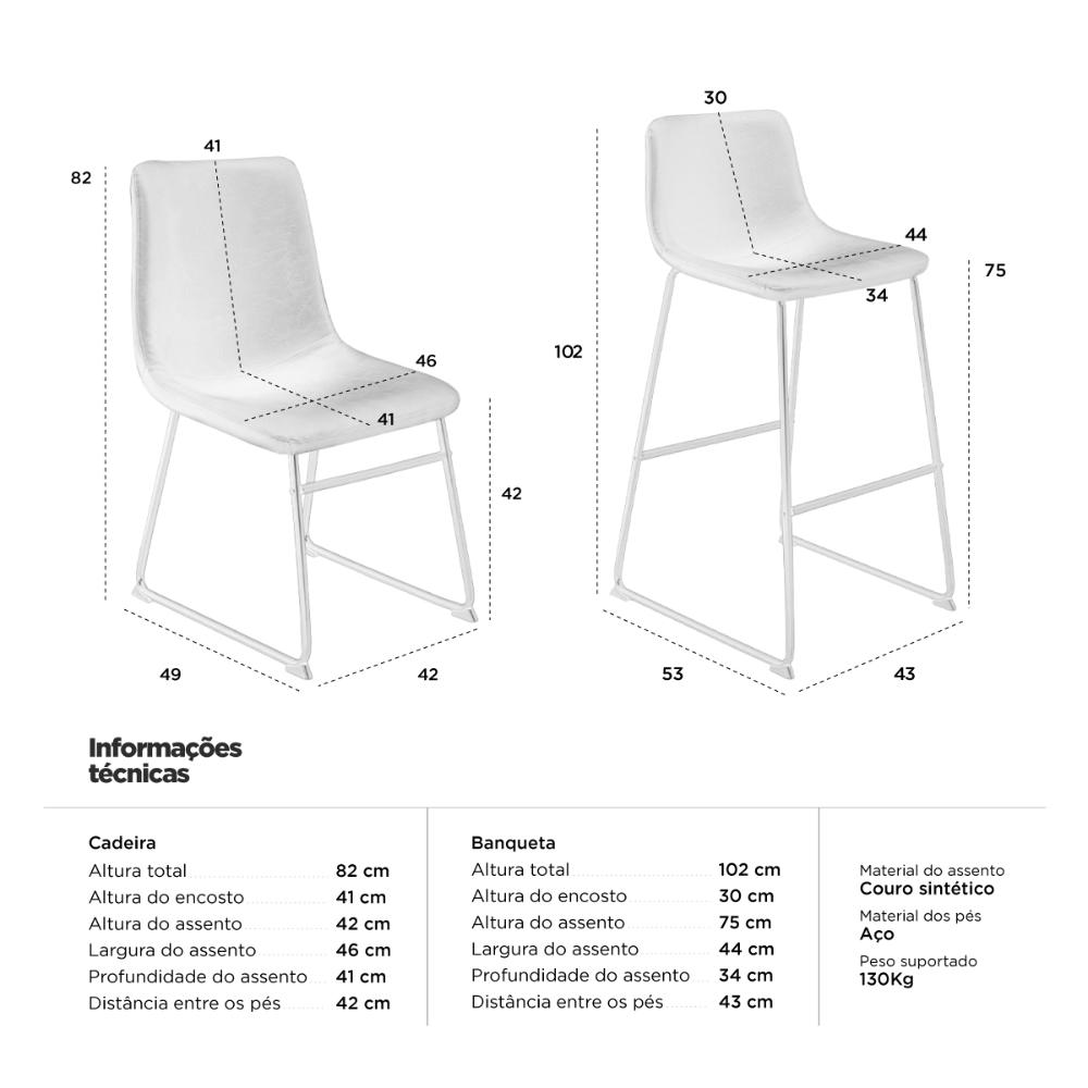 Kit 4 cadeiras + 2 banquetas estofadas industrial Loft Vintage Brusque Caramelo