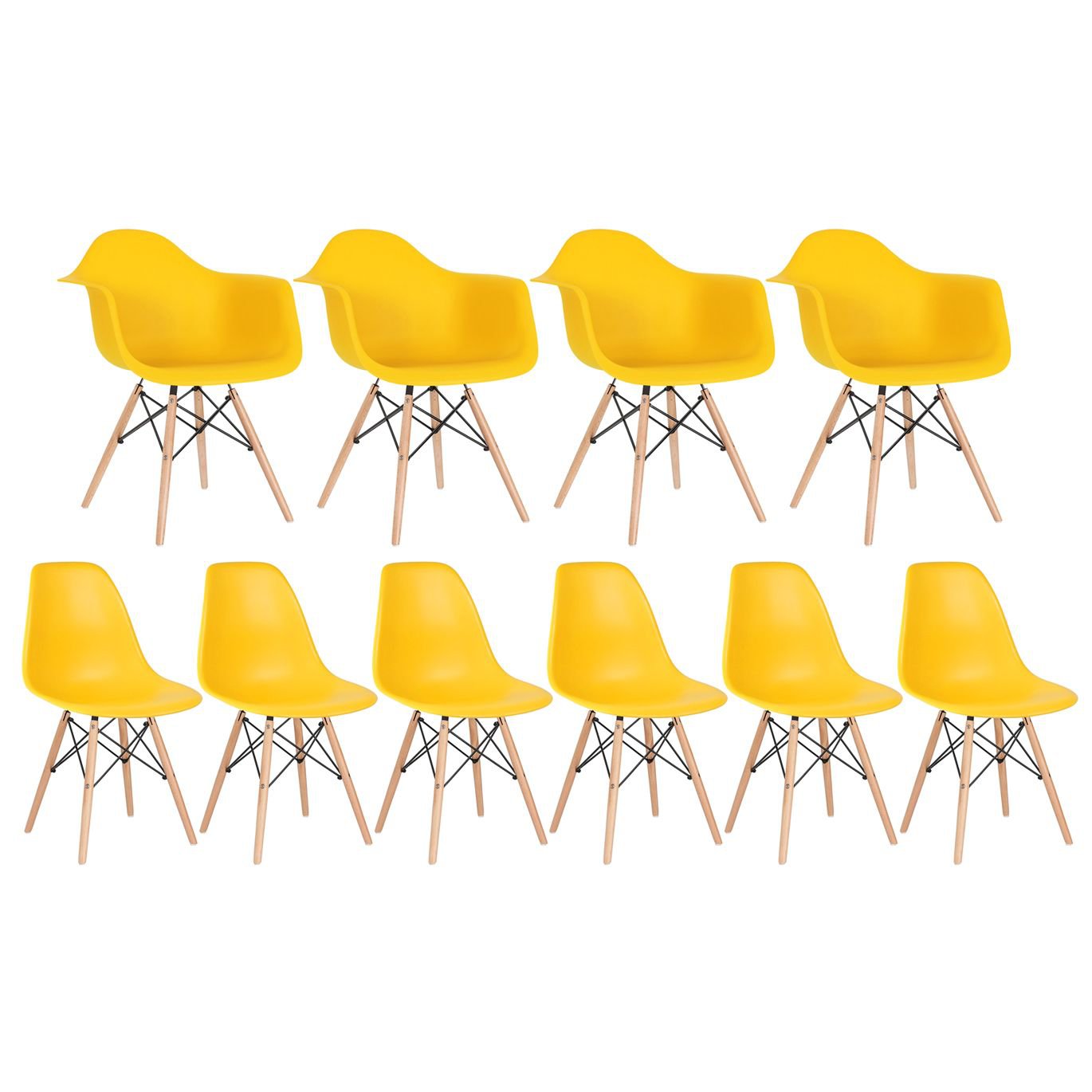 Kit 4 cadeiras Charles Eames DAW com braços + 6 cadeiras Eiffel DSW Amarelo