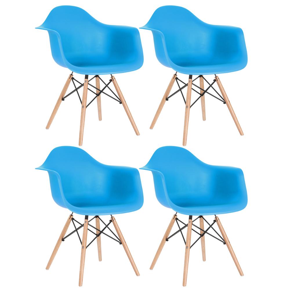 Kit 4 cadeiras Charles Eames Eiffel DAW com braços e pés de madeira clara Azul-céu