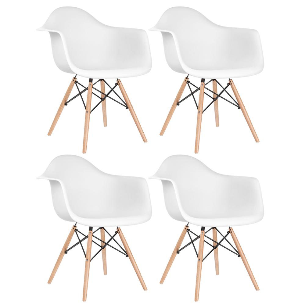 Kit 4 cadeiras Charles Eames Eiffel DAW com braços e pés de madeira clara Branco