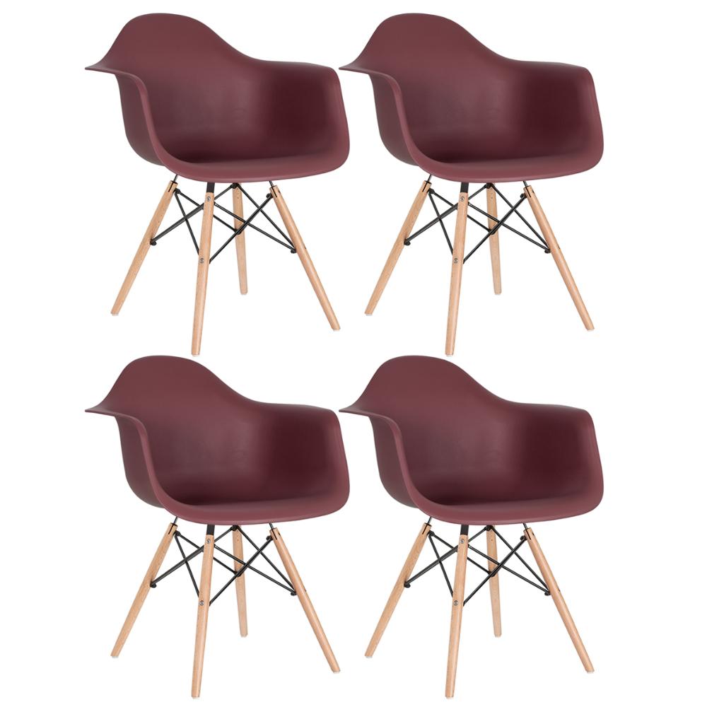 Kit 4 cadeiras Charles Eames Eiffel DAW com braços e pés de madeira clara Marrom