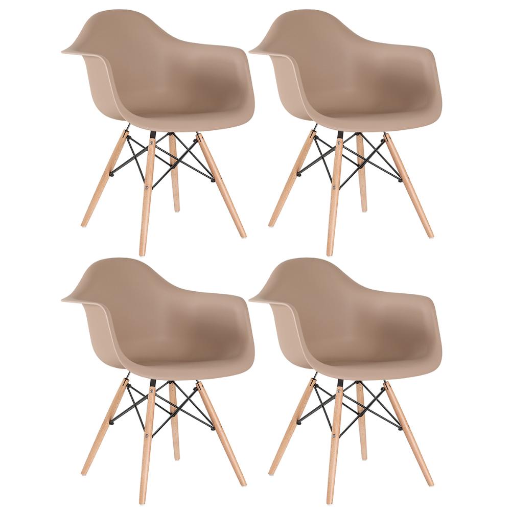 Kit 4 cadeiras Charles Eames Eiffel DAW com braços e pés de madeira clara Marrom café